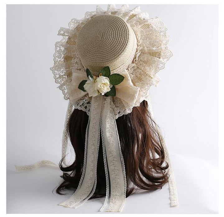 Mori Kei Sunhat Beige Country Lolita Hat With Lace Bow And Soft Straw 42247:734867