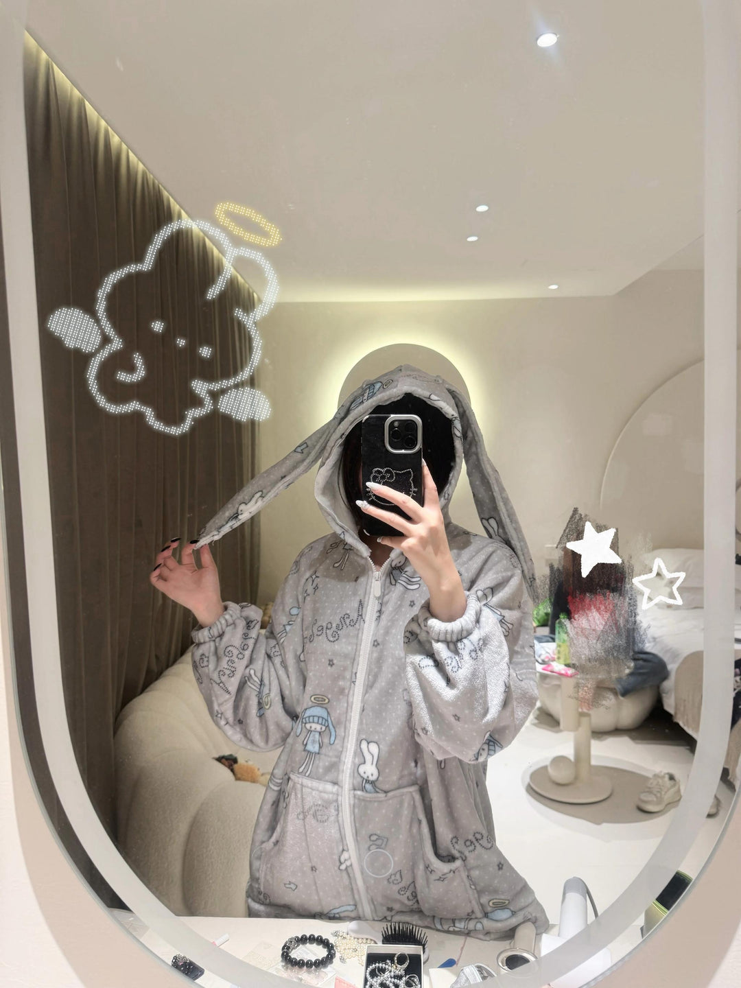 Bunny-ear Hooded Pajamas Set, Angel Bunny Print 44749:830362