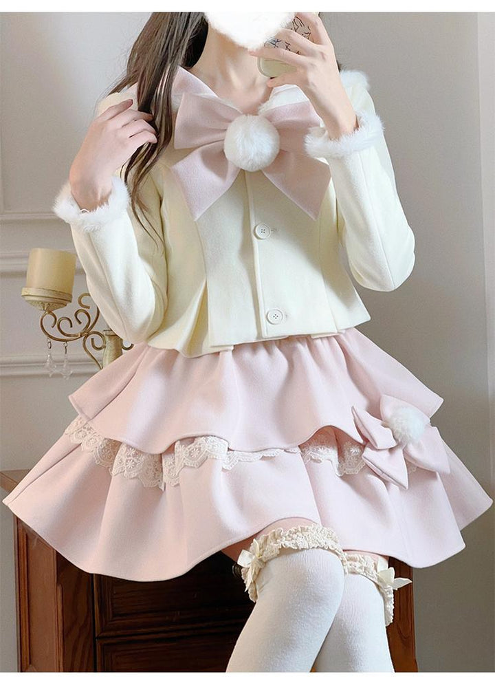 Ryousangata Beige Winter Coat Slim Pink Tiered Skirt 40880:690840