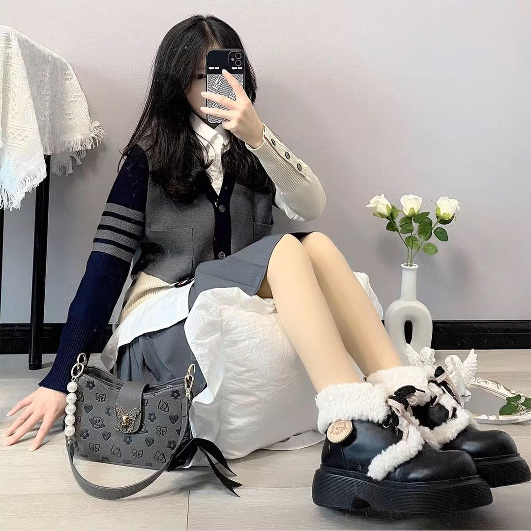 Kawaii Shoes White Black Shoes Lamb Wool Padded Snow Boots 33768:450186 33768:450186