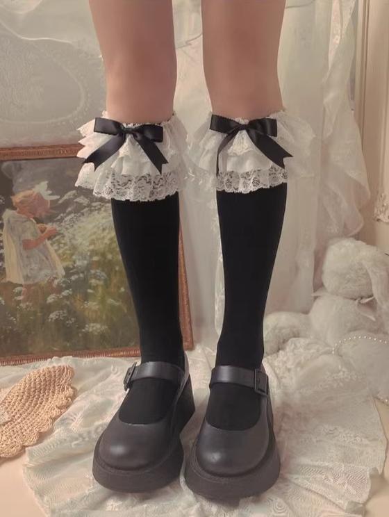 Lolita Socks Layers Lace Frill Cotton Mid-Calf Socks With Bows 42243:734852