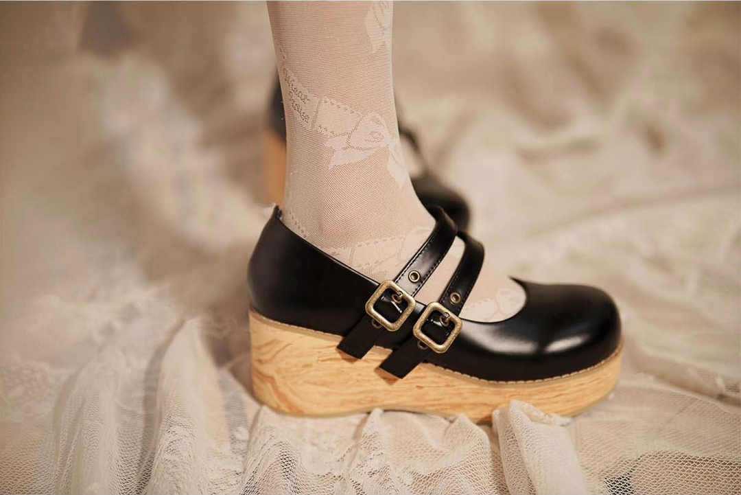 Retro-wooden Bottom Double Button Platforms Multicolor 21784:318766