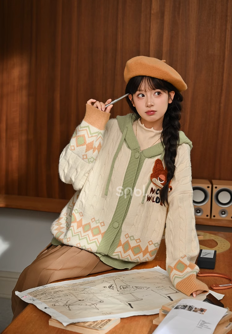 Mori Kei Sweater Bunny Fox Coat Plaid Knit Jacket 39272:643398