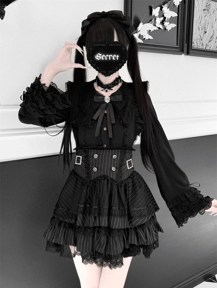 Jirai Kei Lace Blouse, High-Waist Tiered Skirt 44525:811443