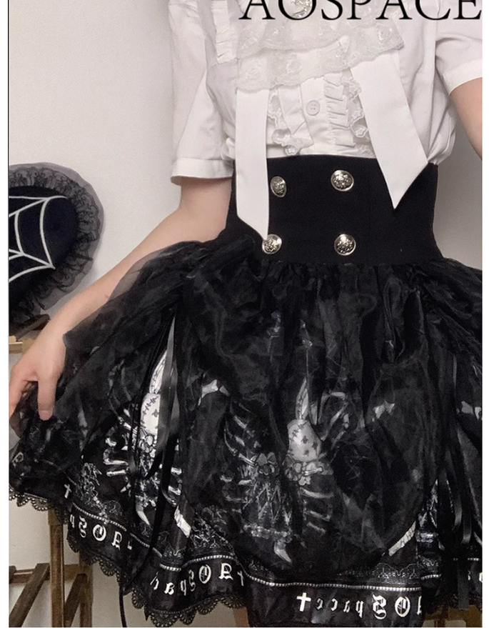 Black Lolita Skirt High-Waisted Print Skirt With Lace Trim 37562:563916