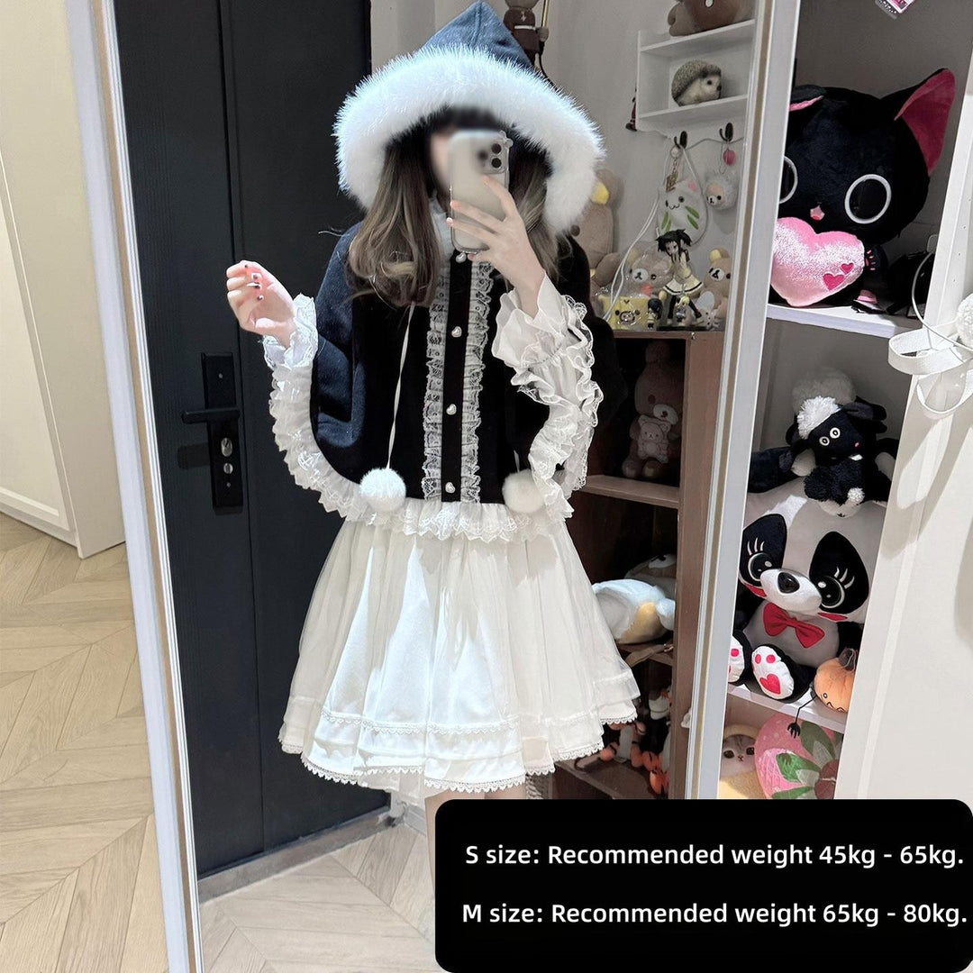 Jirai Kei Winter Cape, Lace Blouse, High-Waist Skirt (2XL 3XL 4XL L M S XL) 44199:808484