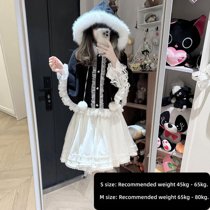 Jirai Kei Winter Cape, Lace Blouse, High-Waist Skirt (2XL 3XL 4XL L M S XL) 44199:808484