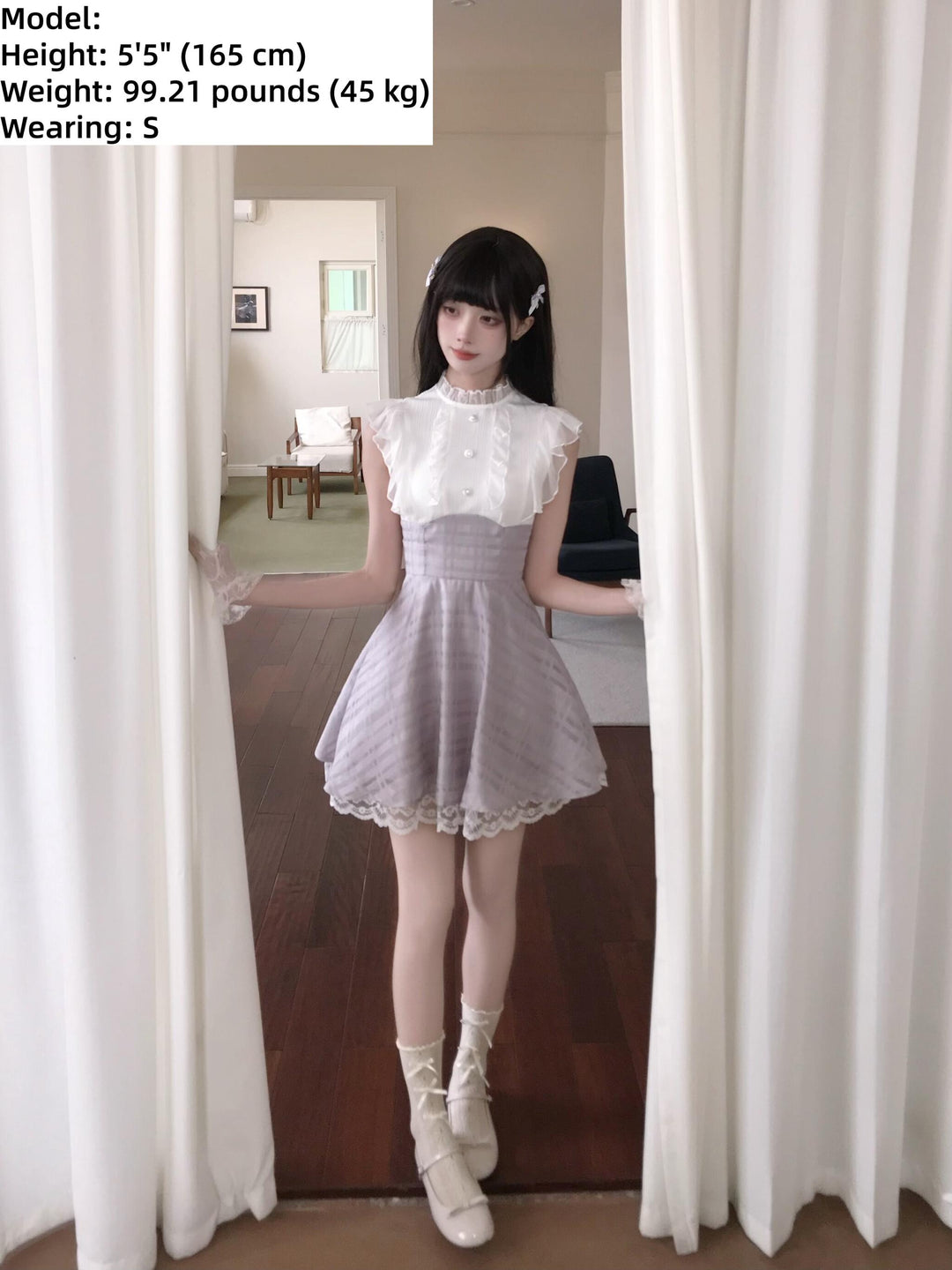 Sleeveless Seiso Kei High-Waist Dress, Purple Plaid Hem 44974:834228