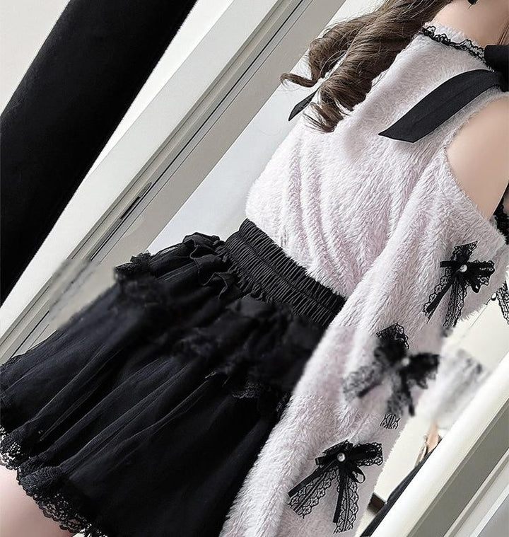 Jirai Kei Open Shoulder Plush Sweater, Tiered Skirt 44565:813003