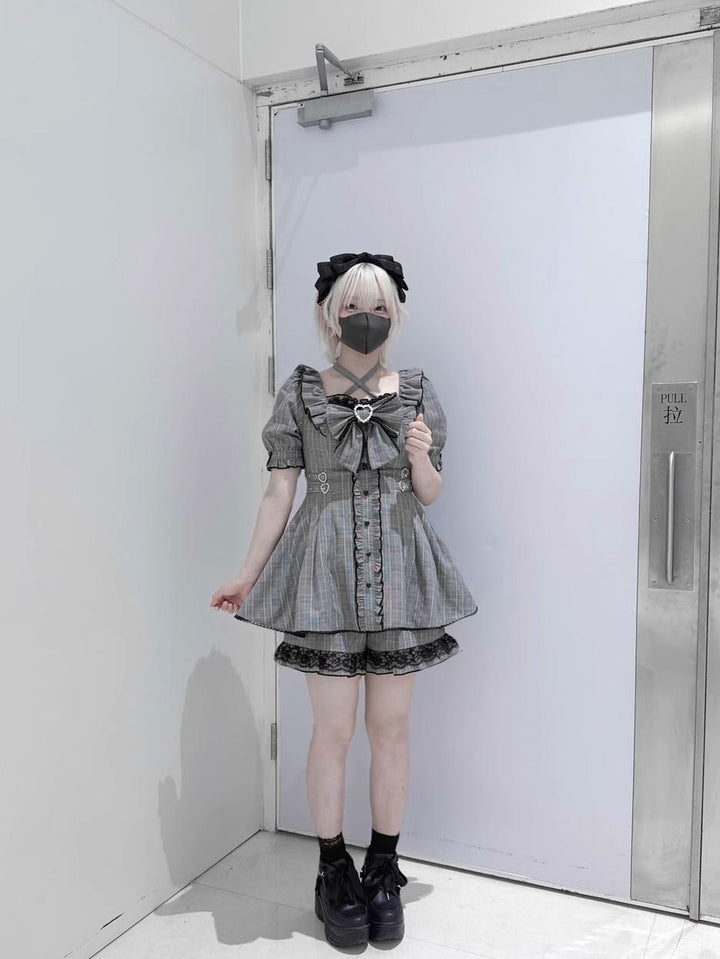 Plaid Jirai Kei Dress Set, Halter Neck, High Waist 43555:779703