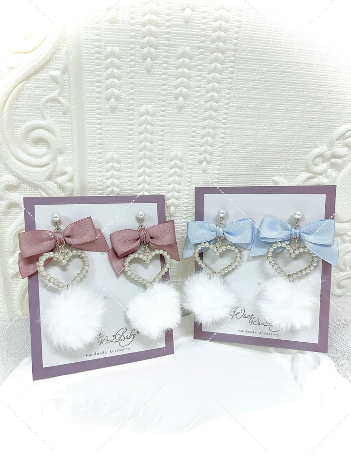 Jirai Kei Heart-shaped Earrings, Fluffy Pom-pom & Bow Accents 45694:860108