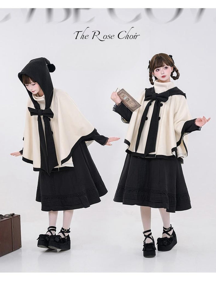 Elegant Lolita Winter Coat Black and White Camellia Cape 40284:658400