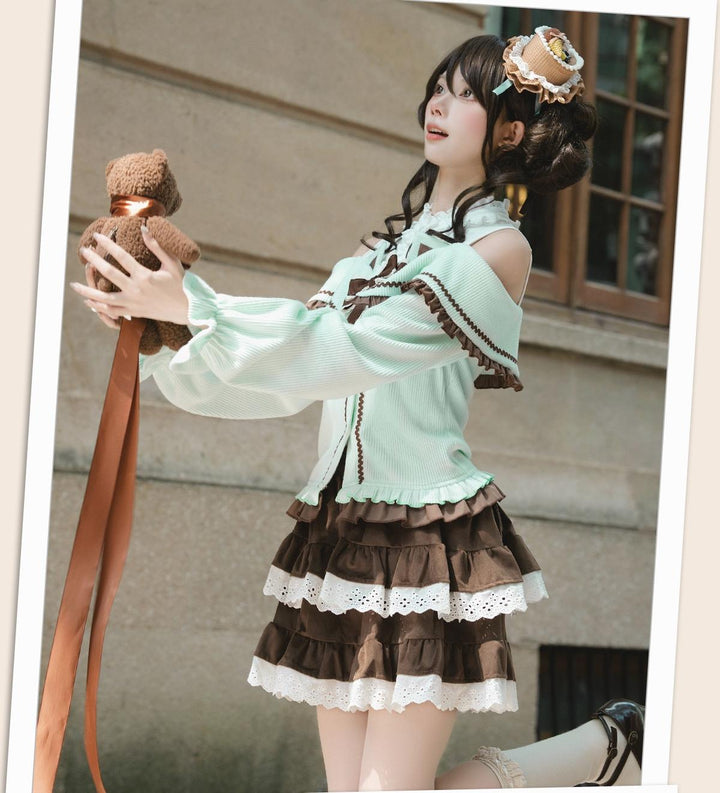 Sweet Open-shoulder Sweater, Vintage Skirt 44077:795888