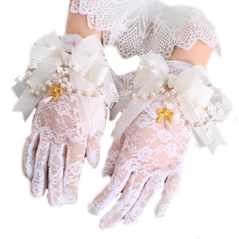 Elegant Lolita Gloves White Black Gloves With Lace Bow 22546:321882