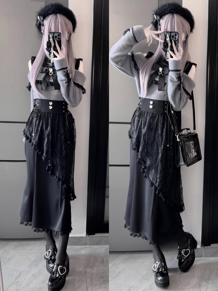 Jirai Kei Skirt Long Version Lace Up Veil Black Mermaid Skirt 40144:651008