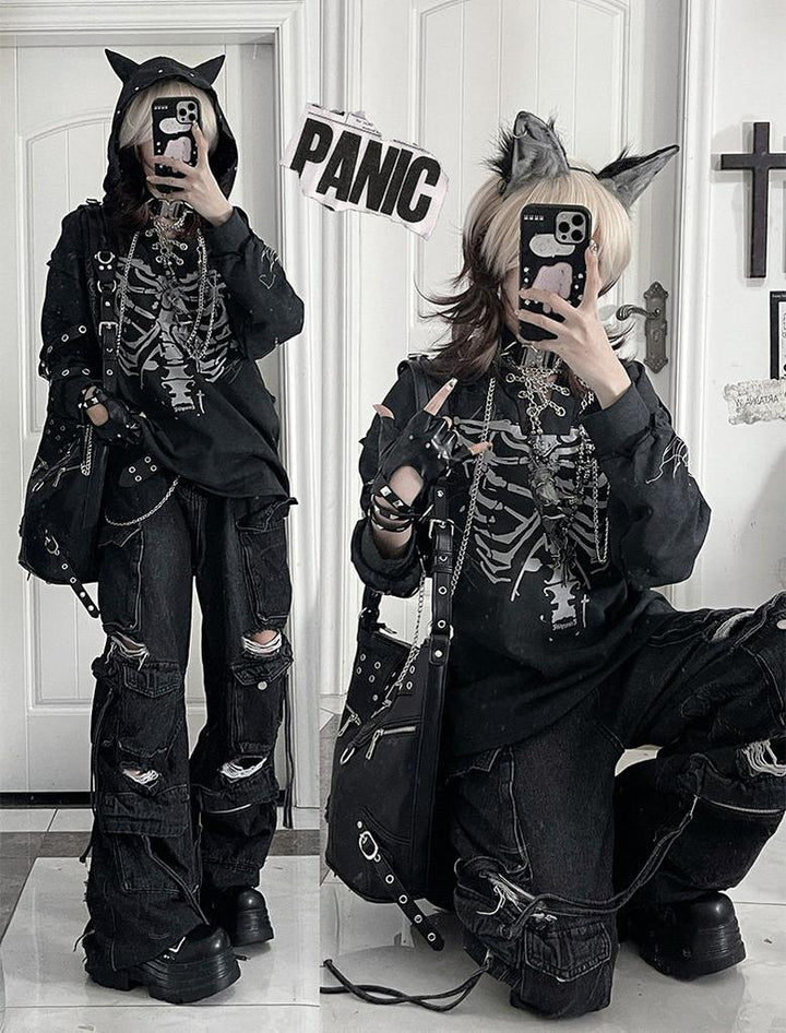 Ribcage Printed Subculture Hoodie, Ear-Accent Hood 44564:815273