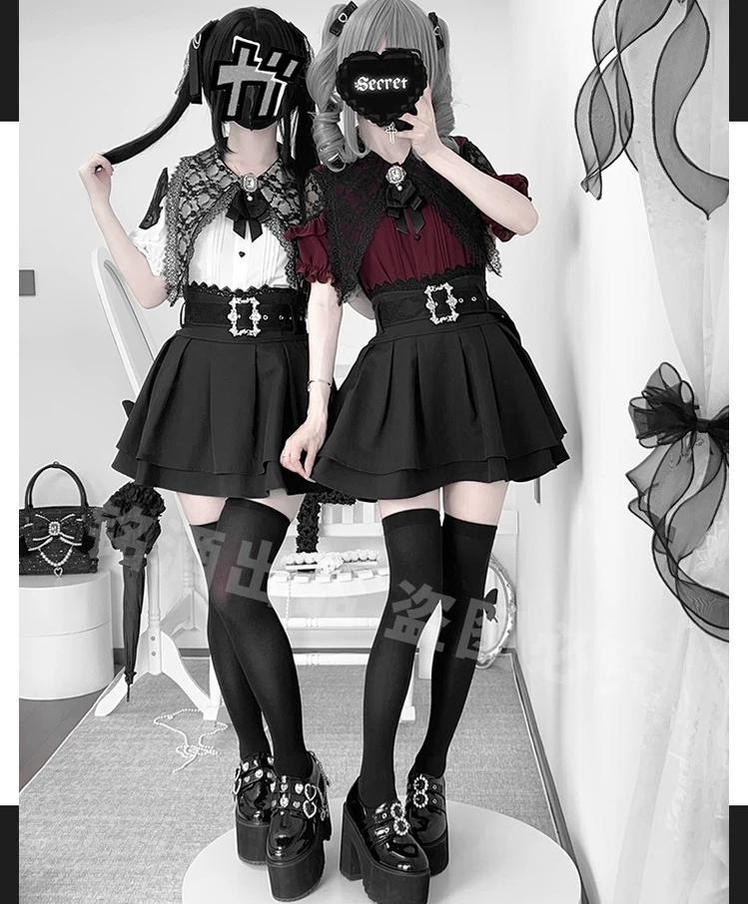 Jirai Kei Lace Capelet Blouse, High Waist Skirt Set 45651:857074