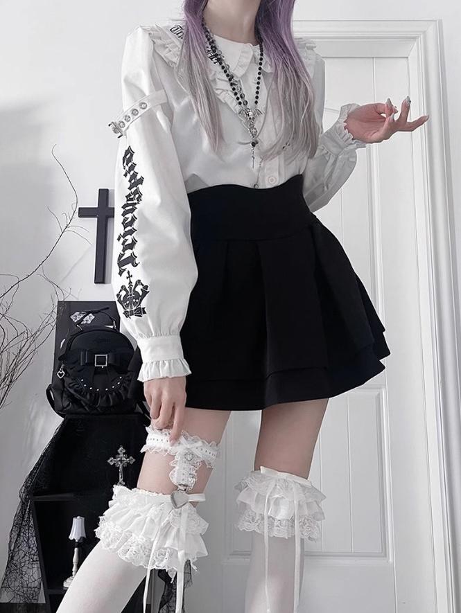 Black/White Jirai Kei Blouse with Skull Print & Peter Pan Collar 42861:758984