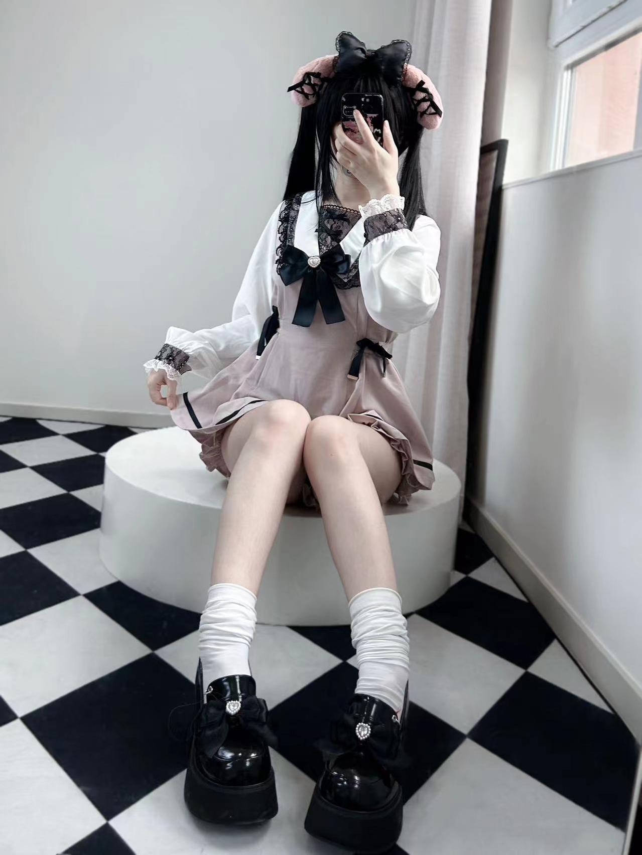 Jirai Kei Dress Set Shirt Collar Lace Dress And Shorts 34378:464212