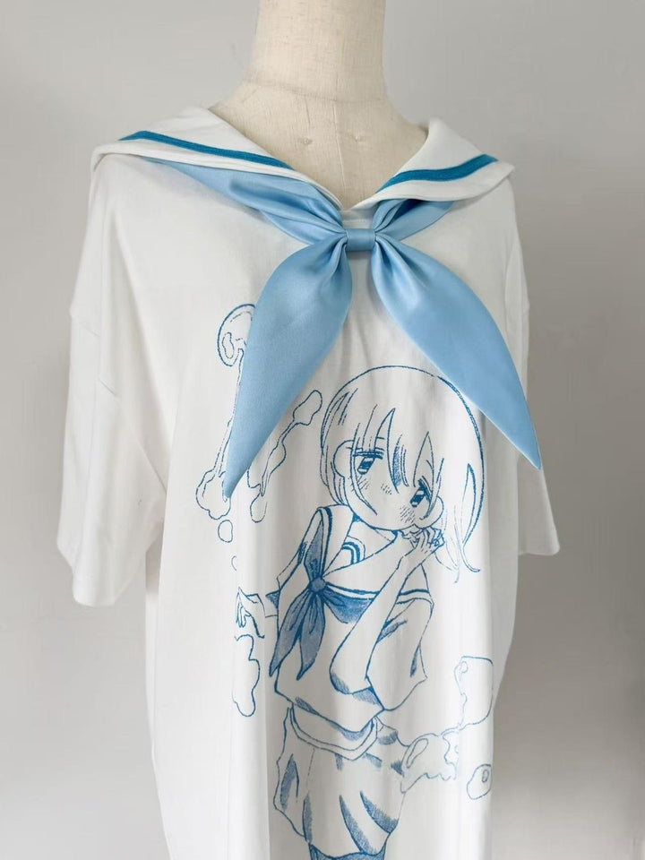 Cotton Tenshi Kaiwai Sailor Collar T-Shirt with Anime Girl Print 43094:765443