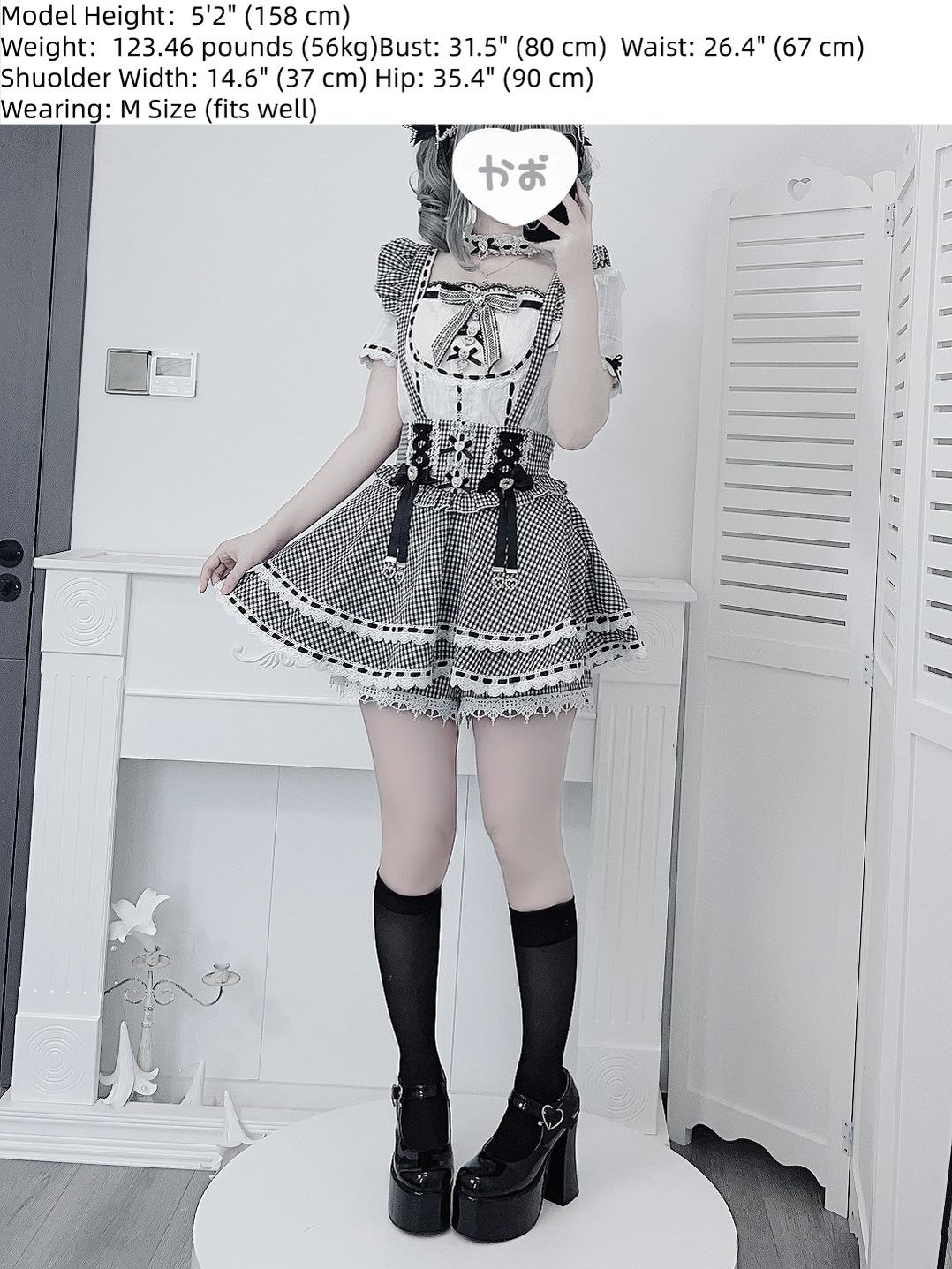 Jirai Kei Cotton Shirt, High-Waisted Suspender Skirt 45267:845253