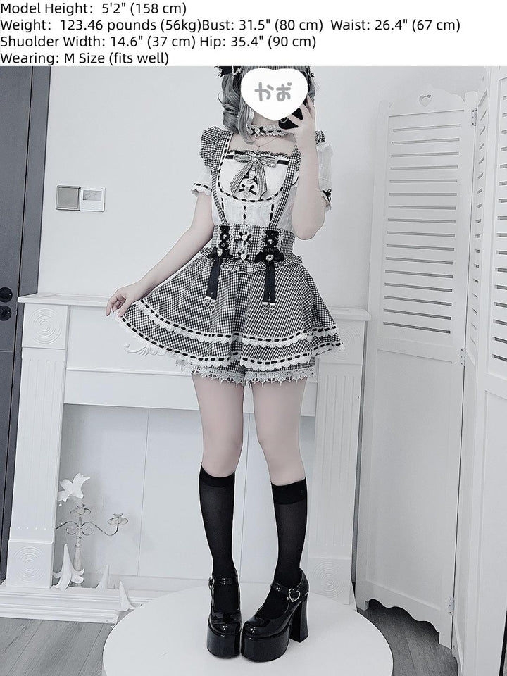 Jirai Kei Cotton Shirt, High-Waisted Suspender Skirt 45267:845253