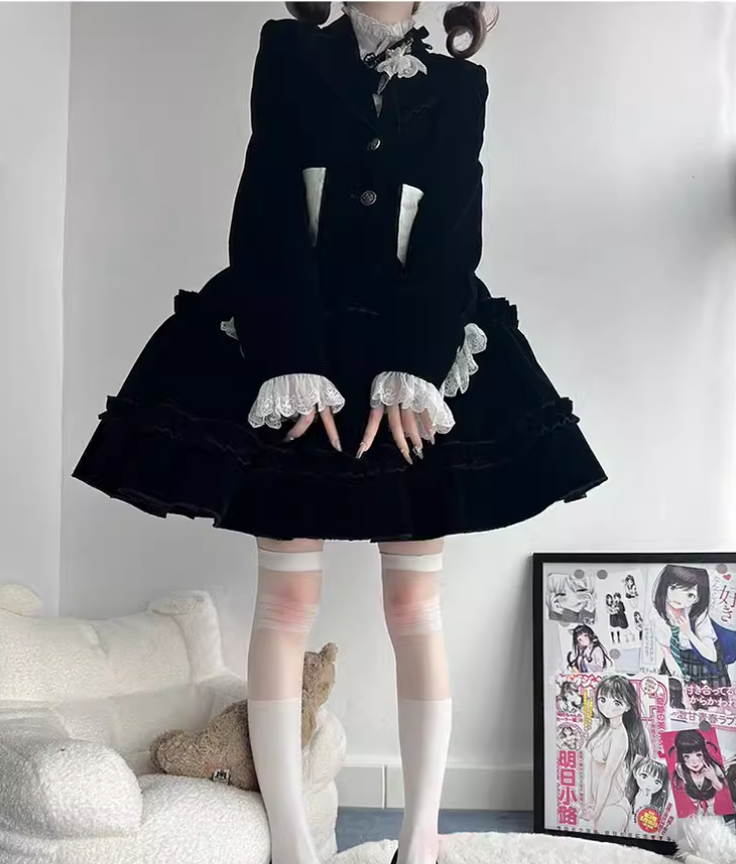 Ouji Lolita Prince Outfit Set Black Skirt Velvet Shorts Set 39368:631936