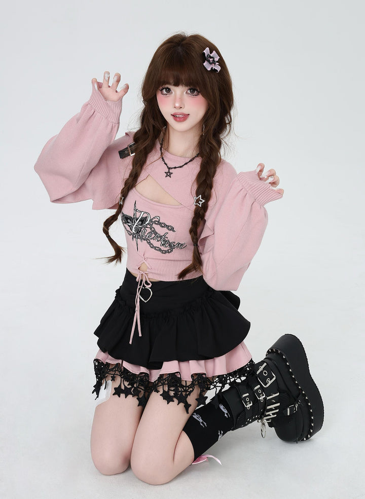 Gyaru Fashion Sweater Sexy Long-Sleeve Knitted Two-Piece Set 41788:719364