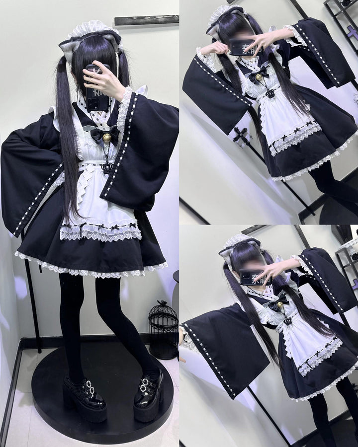 Kawaii Black Maid Blouse Flutter Sleeve Apron Suspender Skirt Set 42282:735196