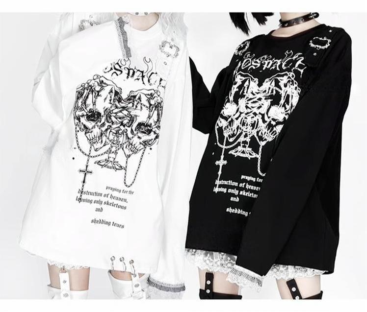 Jirai Kei Top Double Skull Print Long Sleeve T-Shirt 39936:647042