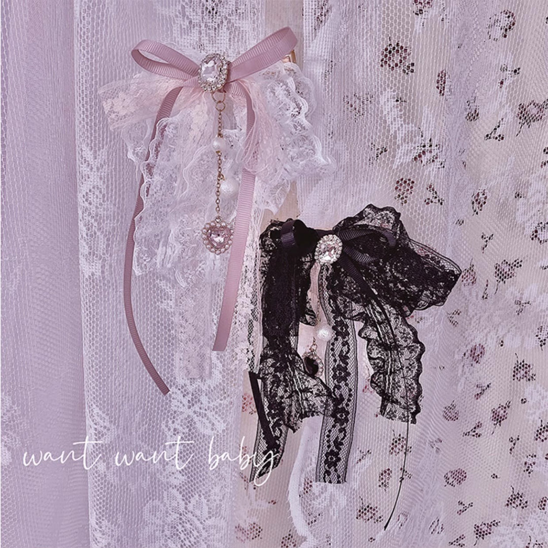 Jirai Kei Pink Black Lace Bow Heart Hair Clip 21750:312406