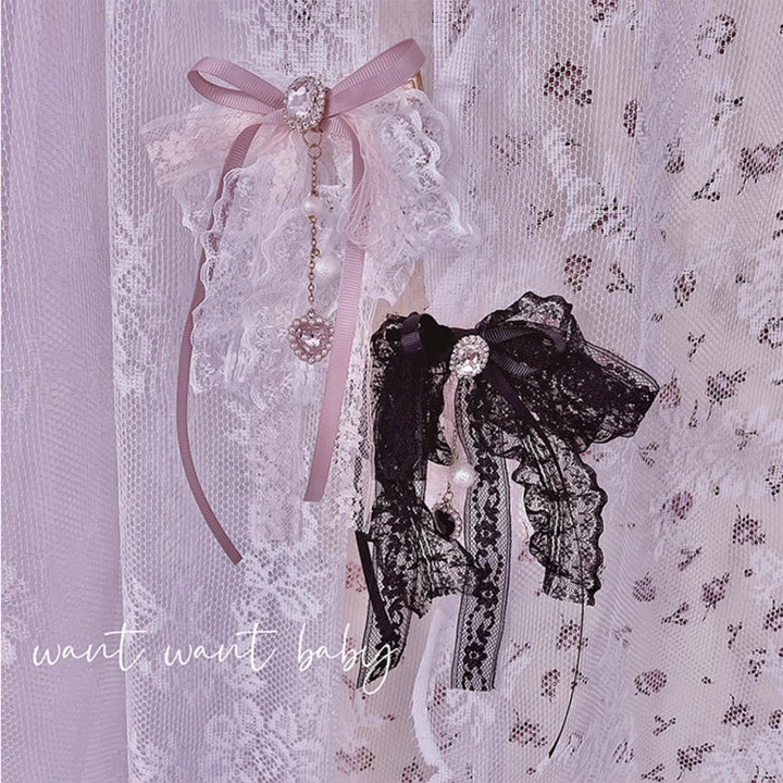 Jirai Kei Pink Black Lace Bow Heart Hair Clip 21750:312406 21750:312406