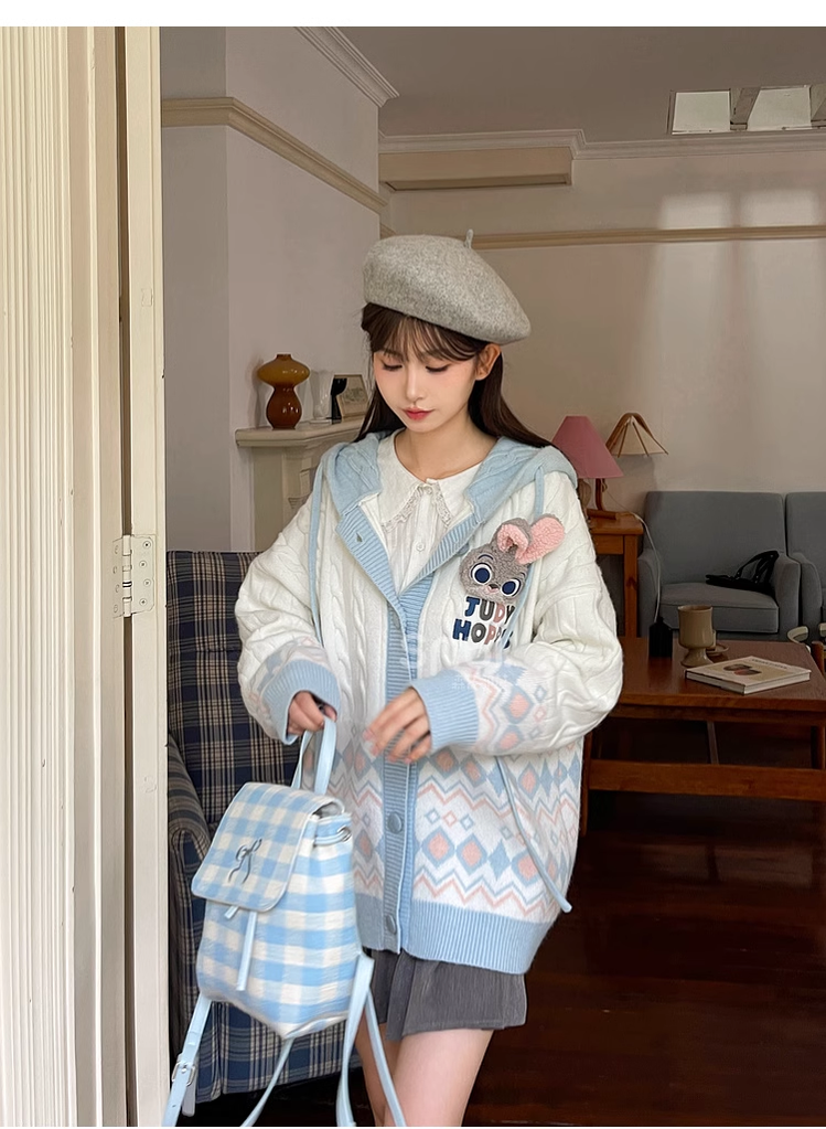 Mori Kei Sweater Bunny Fox Coat Plaid Knit Jacket 39272:643414