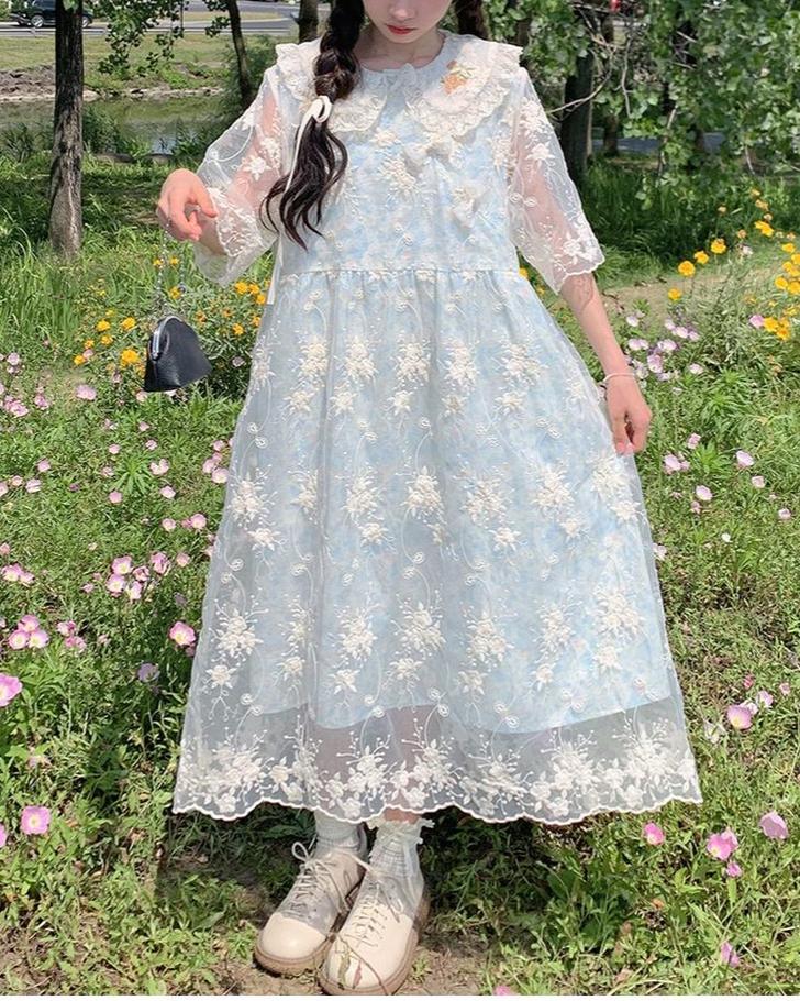 Kawaii Mori Kei Dress Blue Floral Sweet Dress 36206:523604