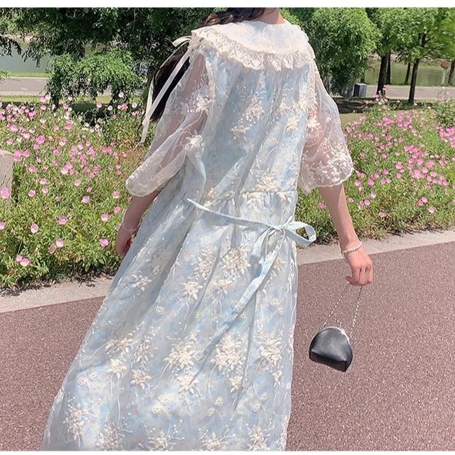 Kawaii Mori Kei Dress Blue Floral Sweet Dress 36206:523552