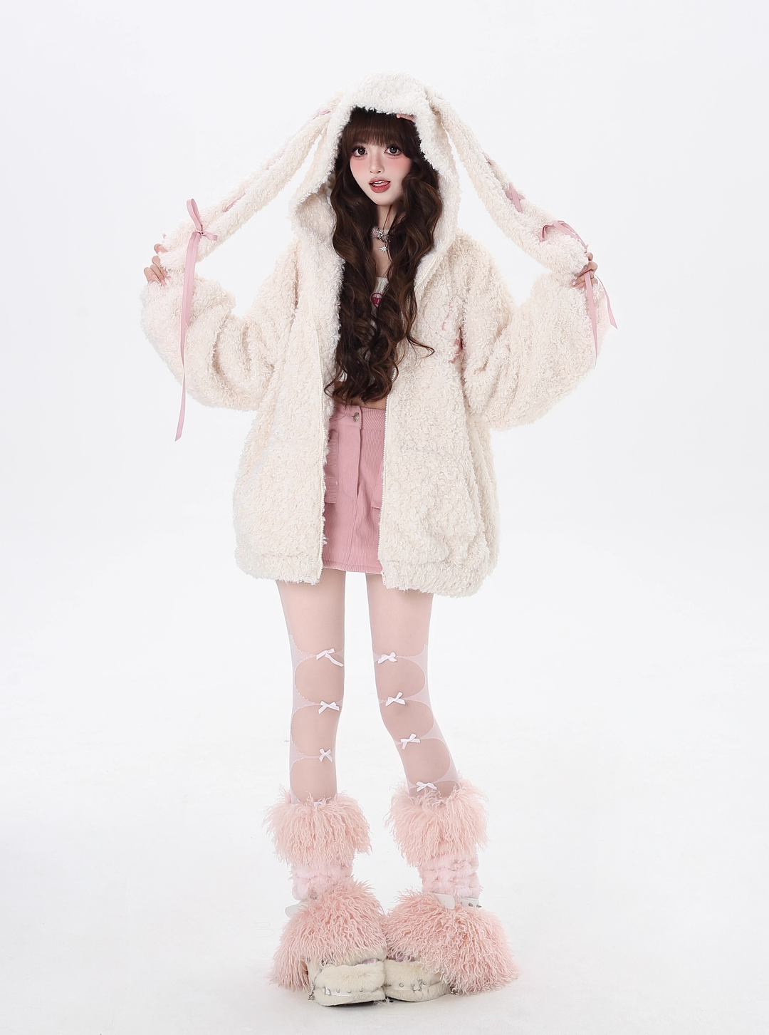 Jirai Kei Winter Coat Fleece Jacket Bunny Ear Hooded Coat 40744:677764