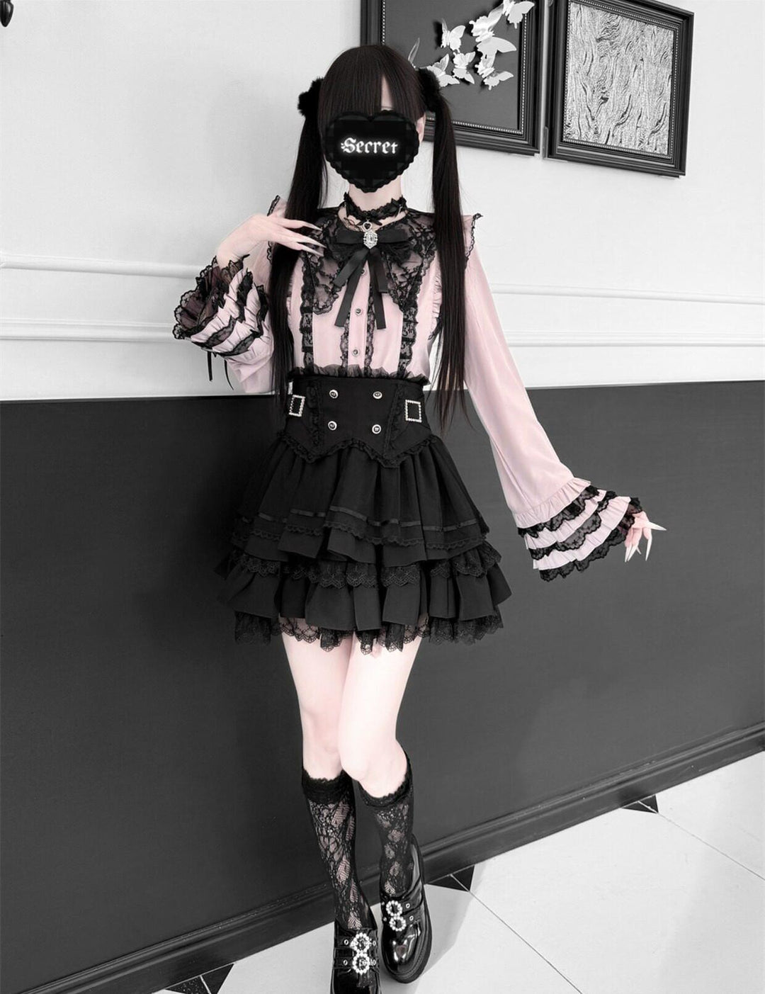 High-Waisted Jirai Kei Skirt, Lace Hem 44810:822761