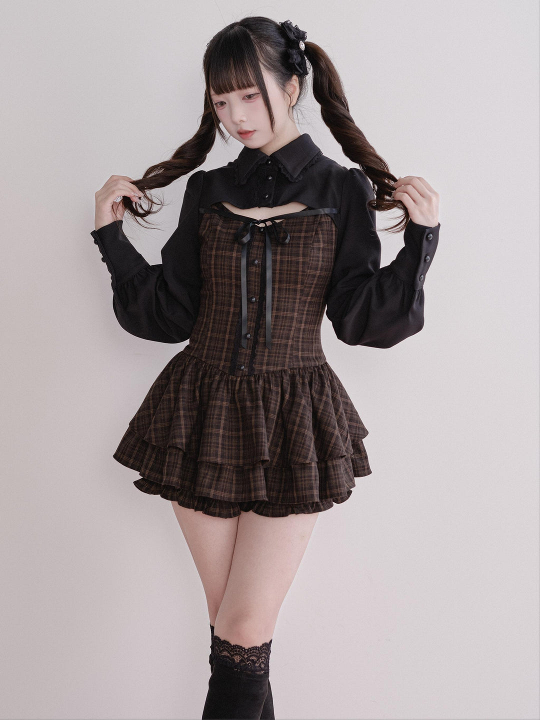 Jirai Kei Plaid Dress Set, Tiered Ruffles (L M) 44594:815610