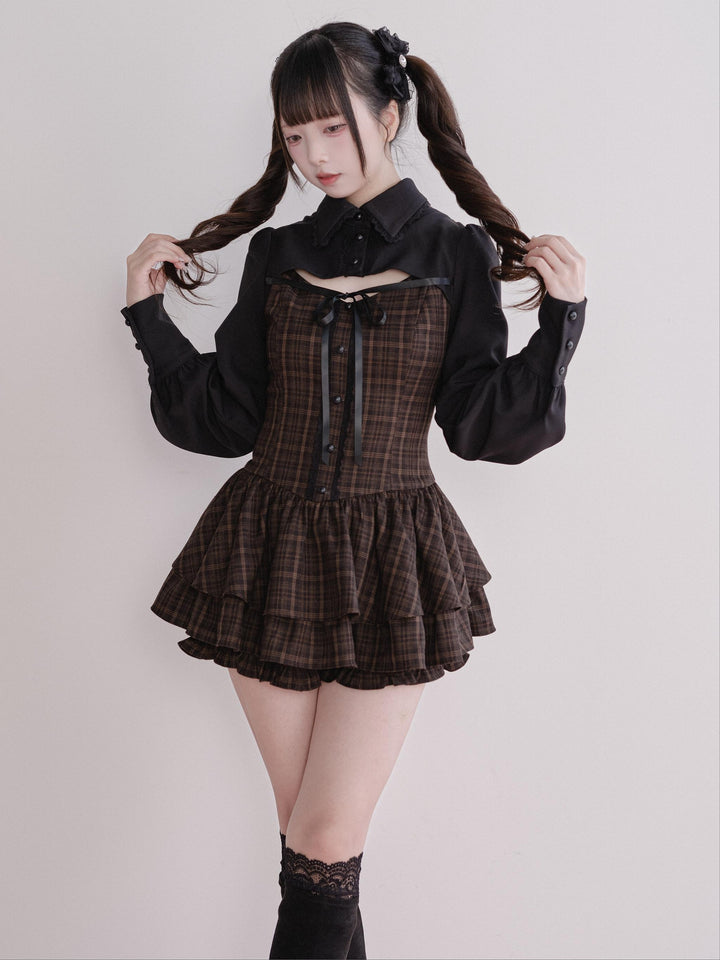 Jirai Kei Plaid Dress Set, Tiered Ruffles (L M) 44594:815610