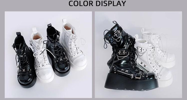 Punk Shoes Black White Platform Gyaru Fashion Combat Boots 29710:368904