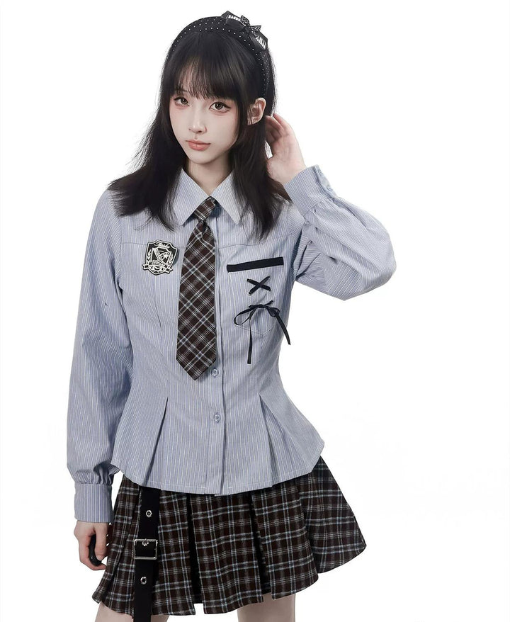 Preppy Reversible Plaid Jacket Set, Striped Blouse 45874:868460