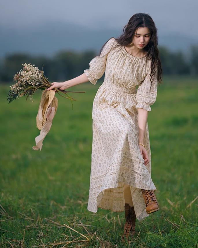 Mori Kei Dress Cottagecore Floral Dress French Artistic Cotton Dress 36340:547102