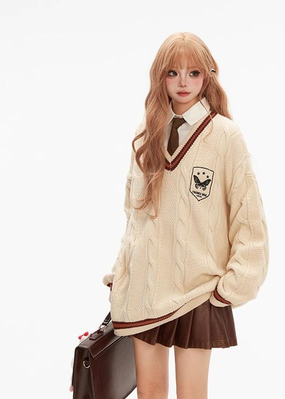 Oversized Retro Sweater Preppy Sweater V-neck Pullover (Beige / L M XL) 40270:655768