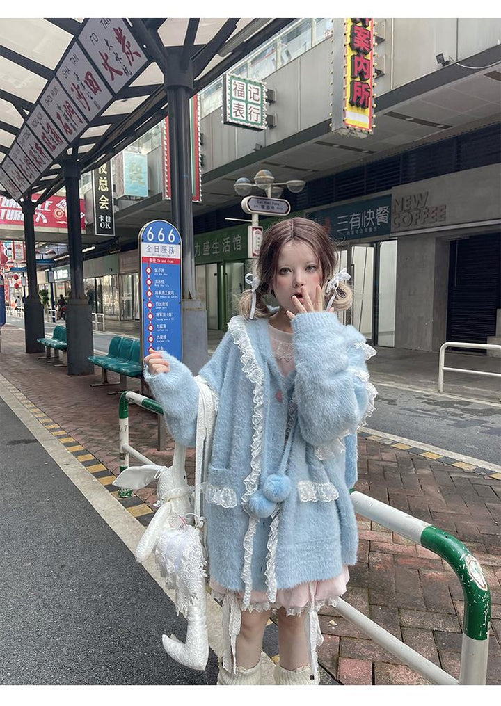 Kawaii Coat Sweater Bunny Ear Lace Knitted Hooded Cardigan 40338:665428