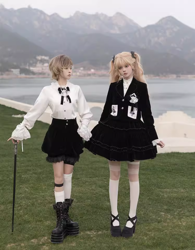 Ouji Lolita Prince Outfit Set Black Skirt Velvet Shorts Set 39368:631998