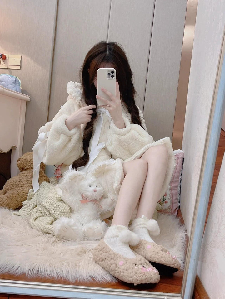 Sweet Lolita Coat Beige Plush Bunny Ear Long Coat For Winter 40292:678382