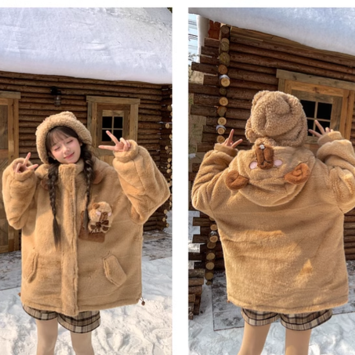 Kawaii Winter Coat Fleece Brown Hooded Coat With Bear Ears 40222:659200