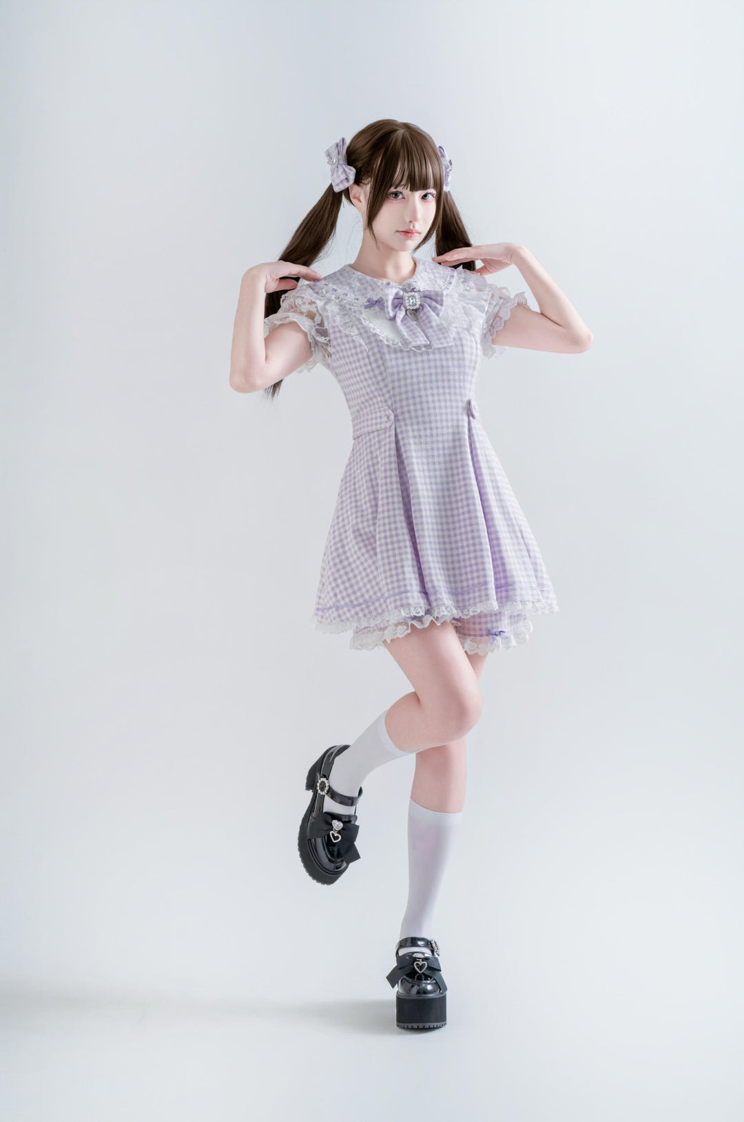 Jirai Kei Plaid Dress Set, Rhinestone Collar Bow 45008:837298