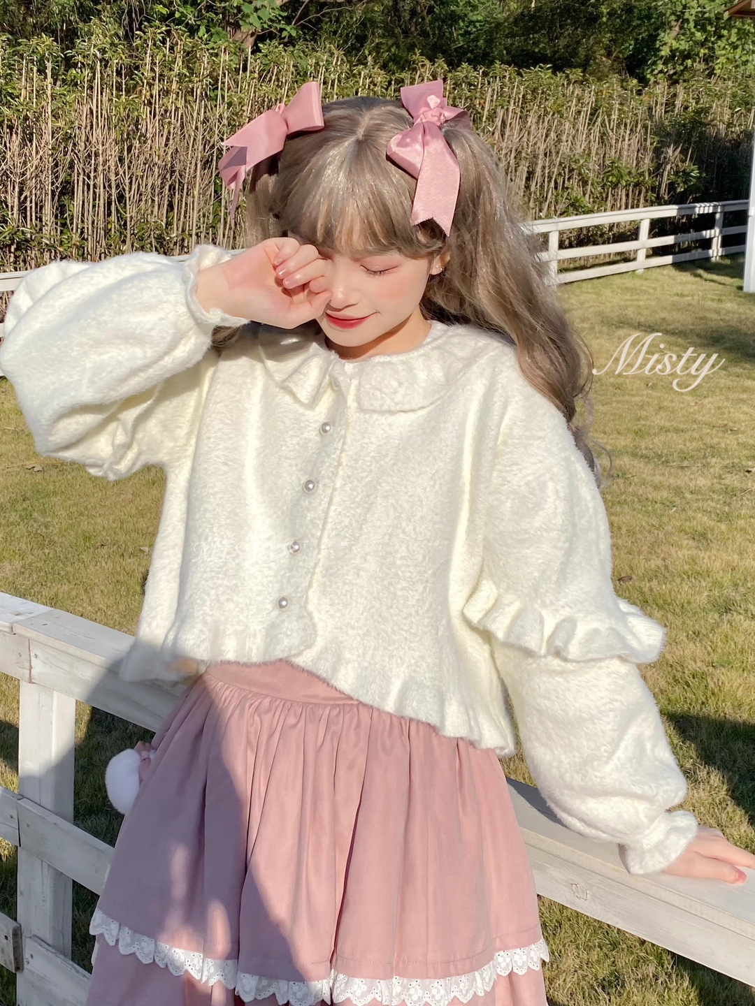 Sweet Lolita Cardigan Bubble Sleeve Ruffle Trim Sweater 40320:659900