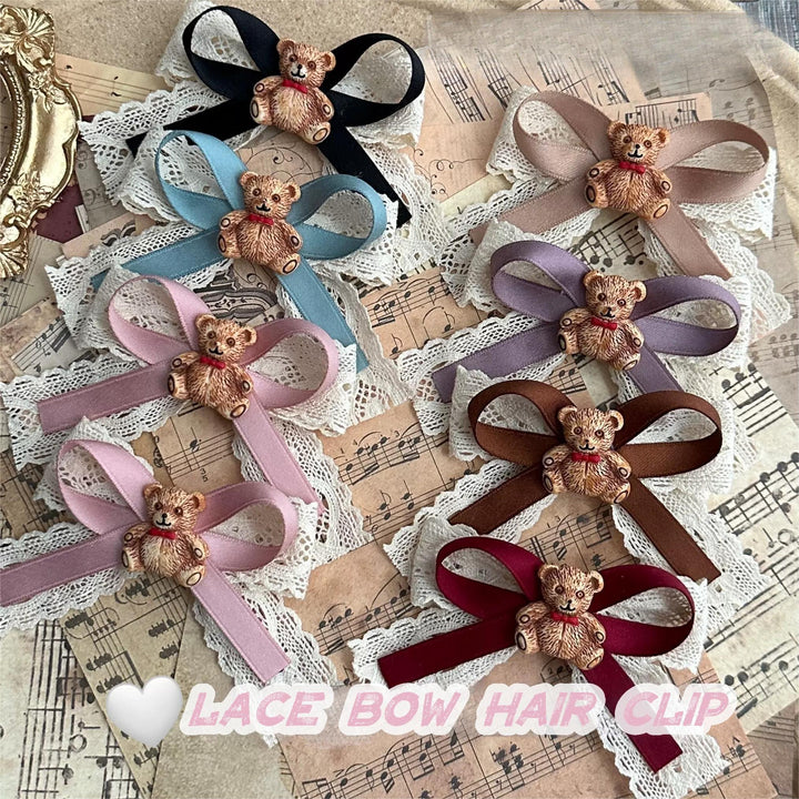 Lolita Hair Clips Bear Lace Bow Hair Clips Multicolor 32180:467308 32180:467308